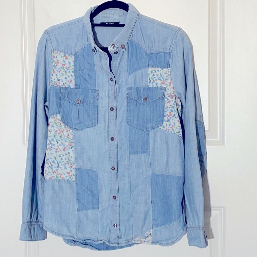 Kookai Chambray Patchwork Button Up Top Medium